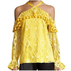 Alexis Yellow Lace Off Shoulder Pom Pom Fringe Long Sleeve Blouse Size Medium